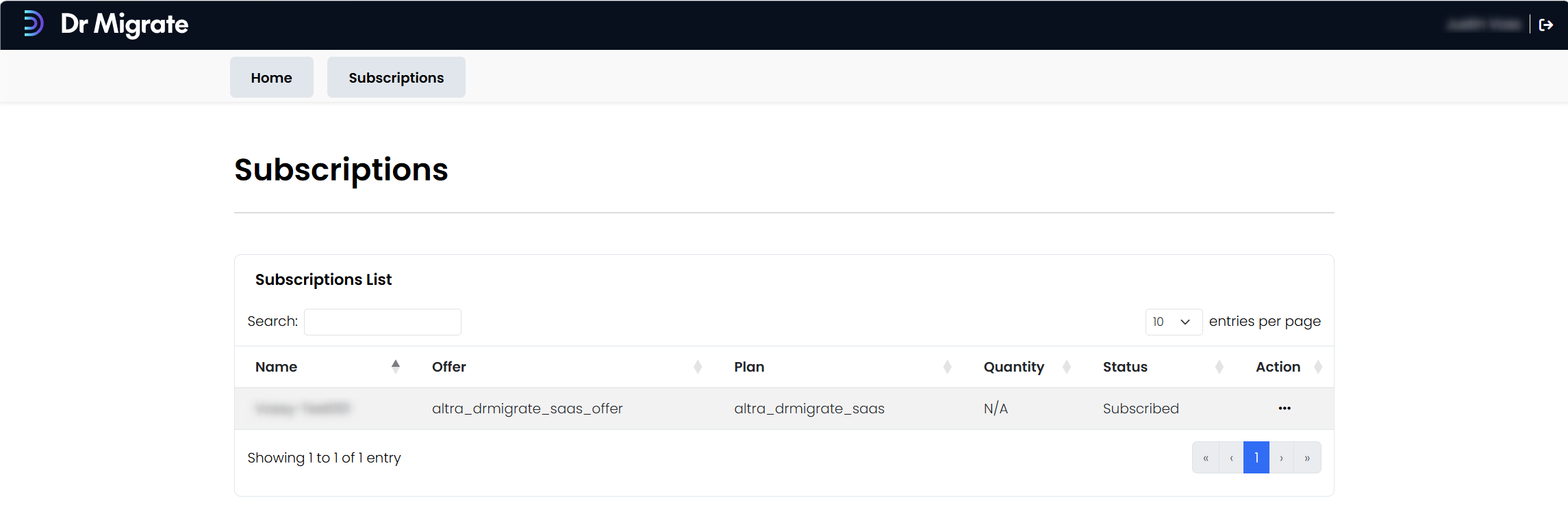 Subscriptions list in Dr Migrate Customer Subscription Portal